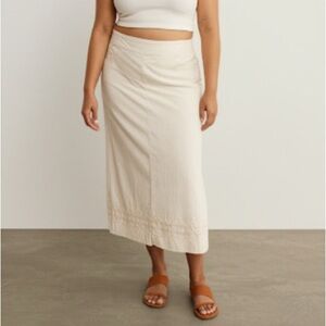 Vintage Linen Blend Neutral Khaki A-Line Lace Embroidered Lightweight Midi Skirt